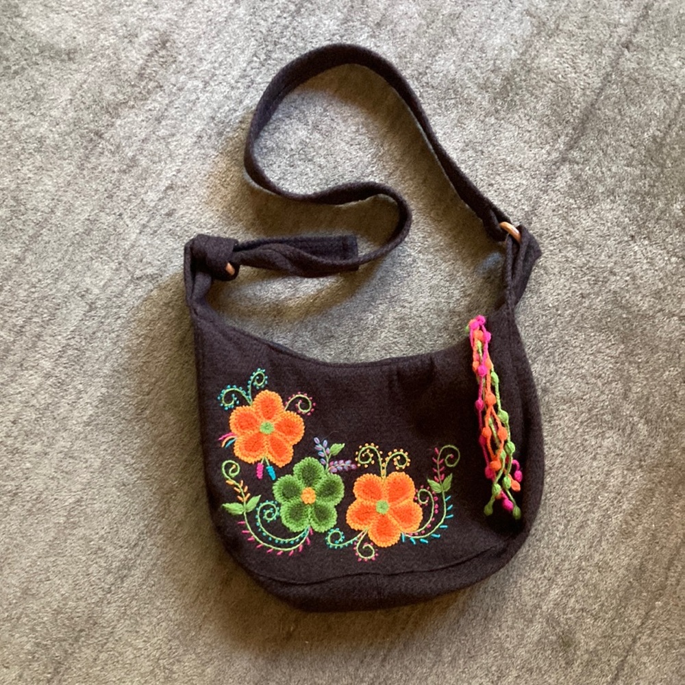 Brown Wool Satchel with Colorful Floral Embroidery
